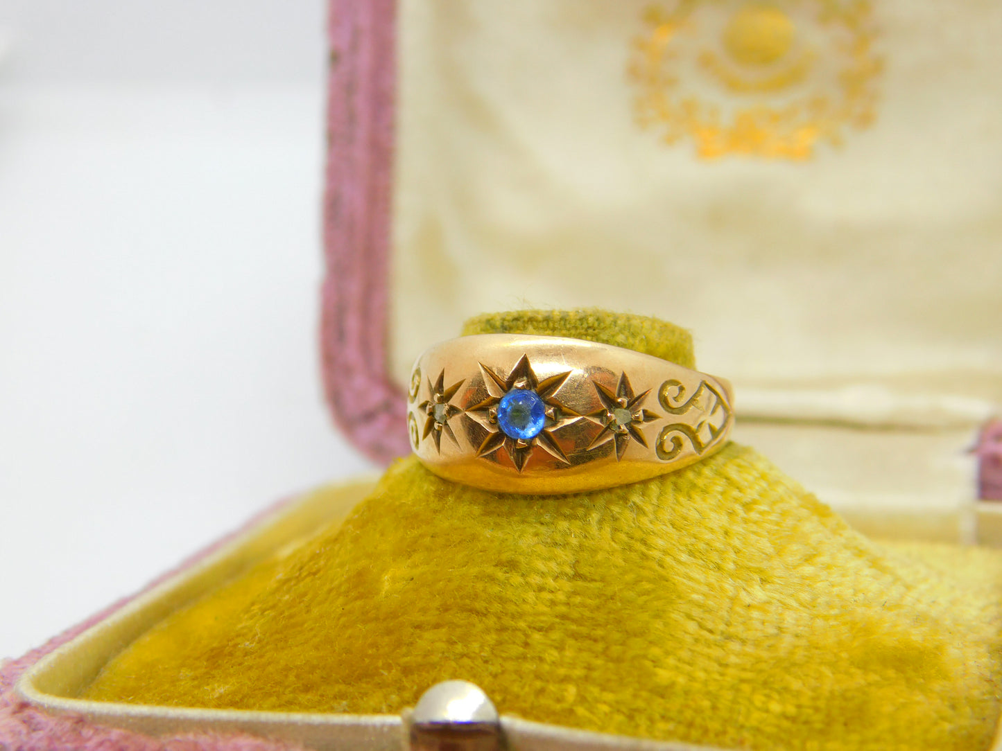 Edwardian 9ct Yellow Gold, Sapphire & Diamond Boat Ring 1910 Birmingham Antique