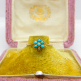 Victorian 9ct Gold, Seed Pearl & Turquoise Floral Cluster Ring c1890 Antique