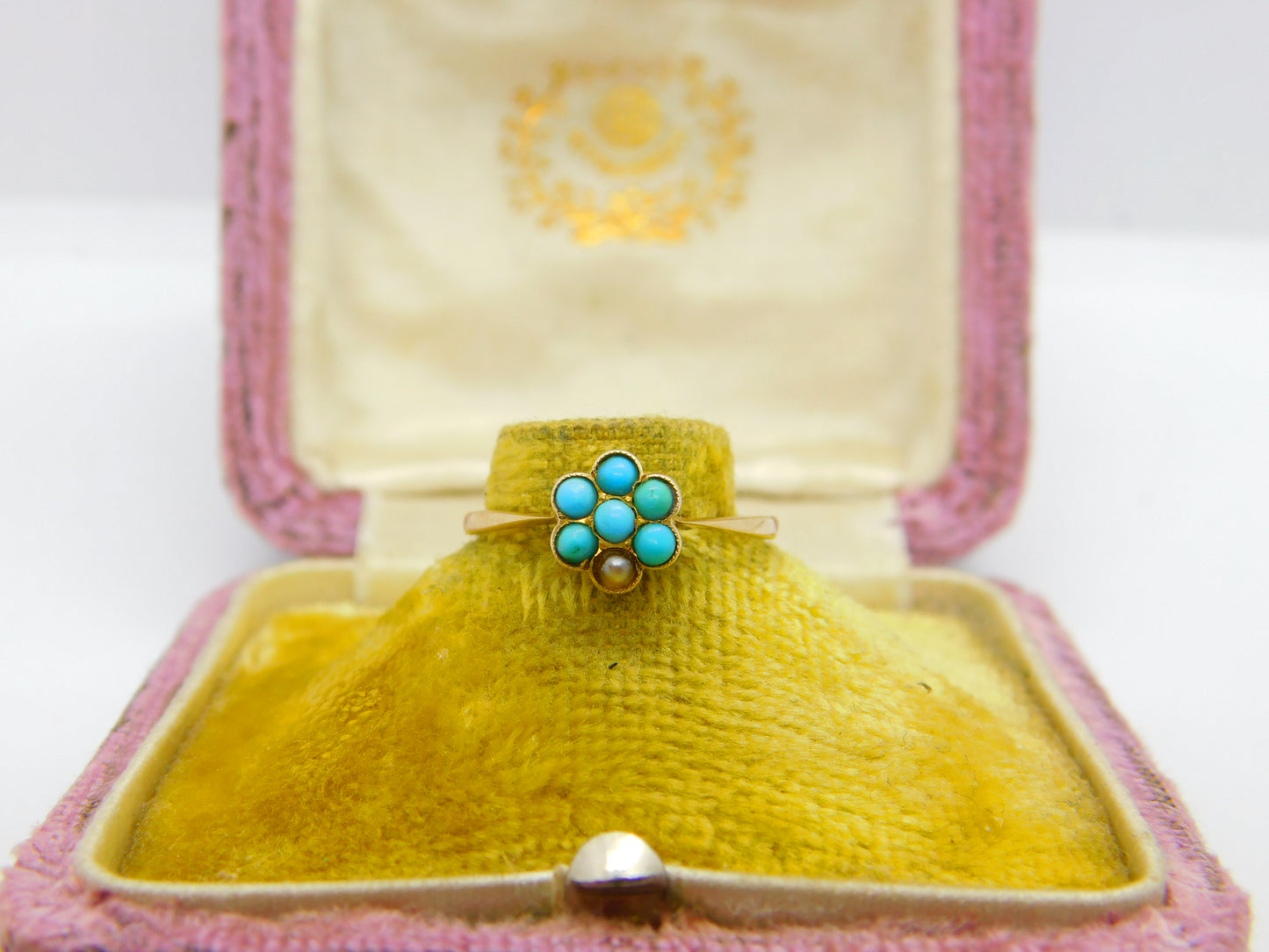 Victorian 9ct Gold, Seed Pearl & Turquoise Floral Cluster Ring c1890 Antique