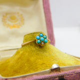 Victorian 9ct Gold, Seed Pearl & Turquoise Floral Cluster Ring c1890 Antique