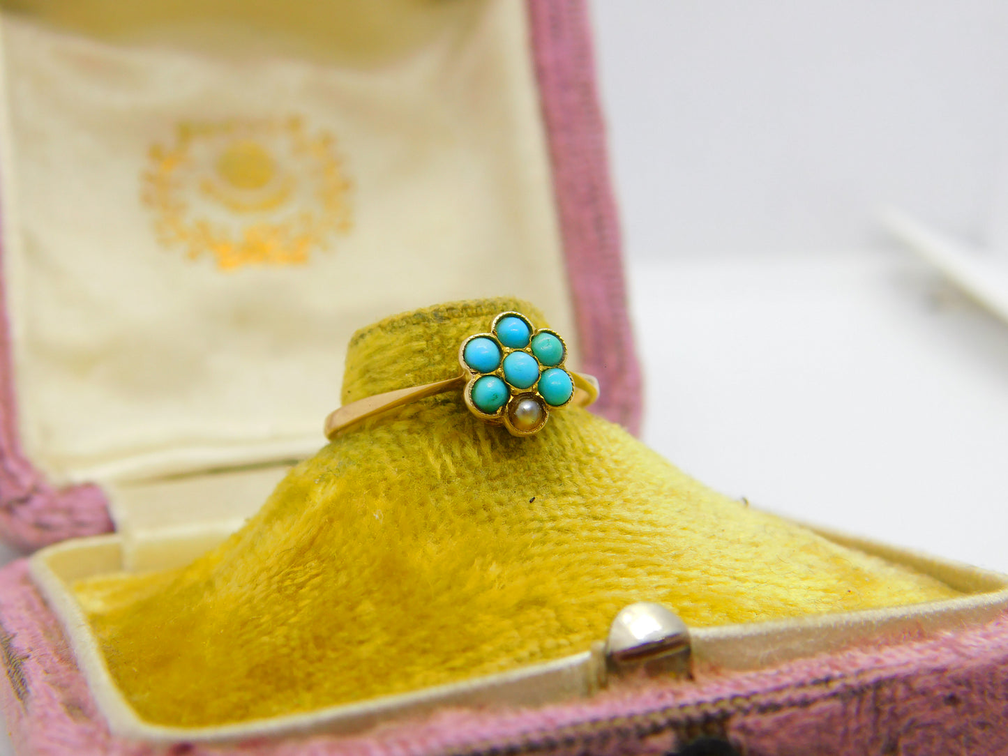 Victorian 9ct Gold, Seed Pearl & Turquoise Floral Cluster Ring c1890 Antique