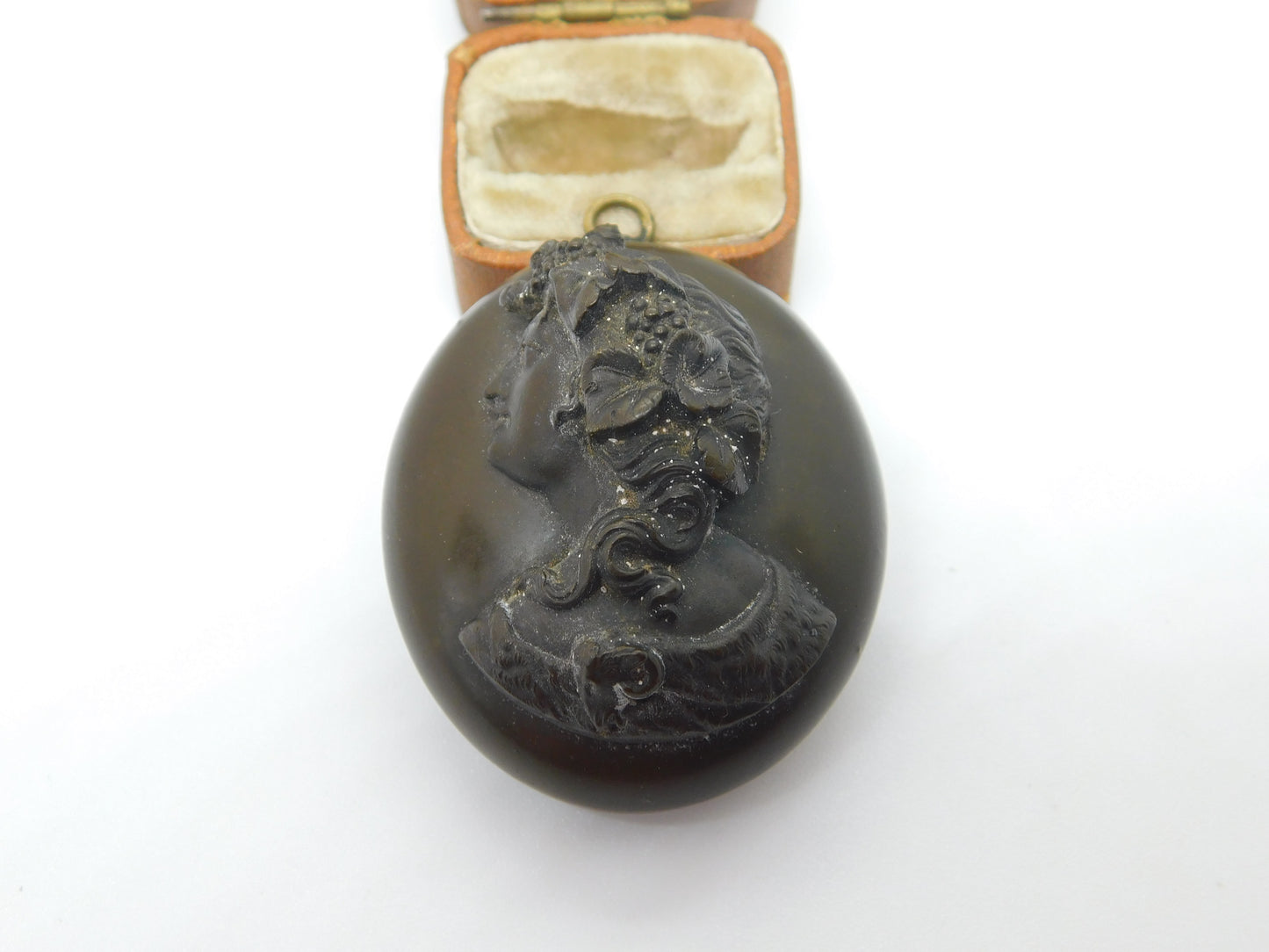 Large Victorian Carved Vulcanite Cameo Mourning Locket Antique c1860