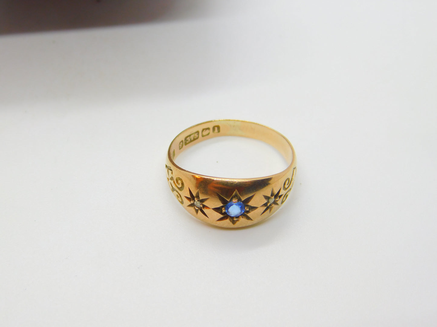 Edwardian 9ct Yellow Gold, Sapphire & Diamond Boat Ring 1910 Birmingham Antique