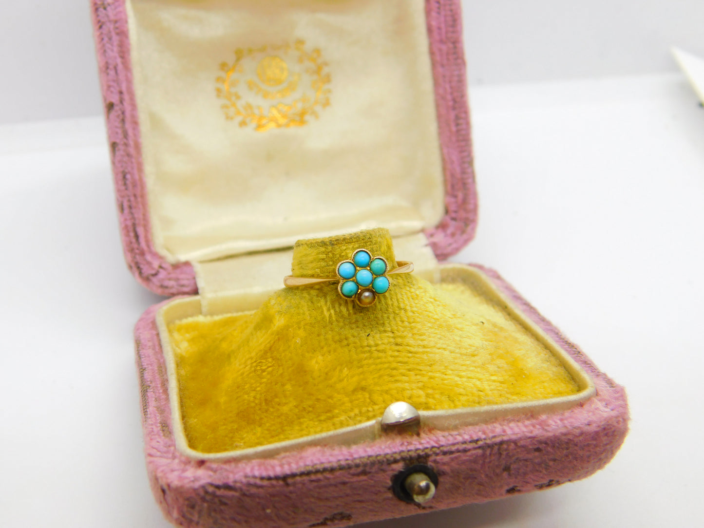 Victorian 9ct Gold, Seed Pearl & Turquoise Floral Cluster Ring c1890 Antique