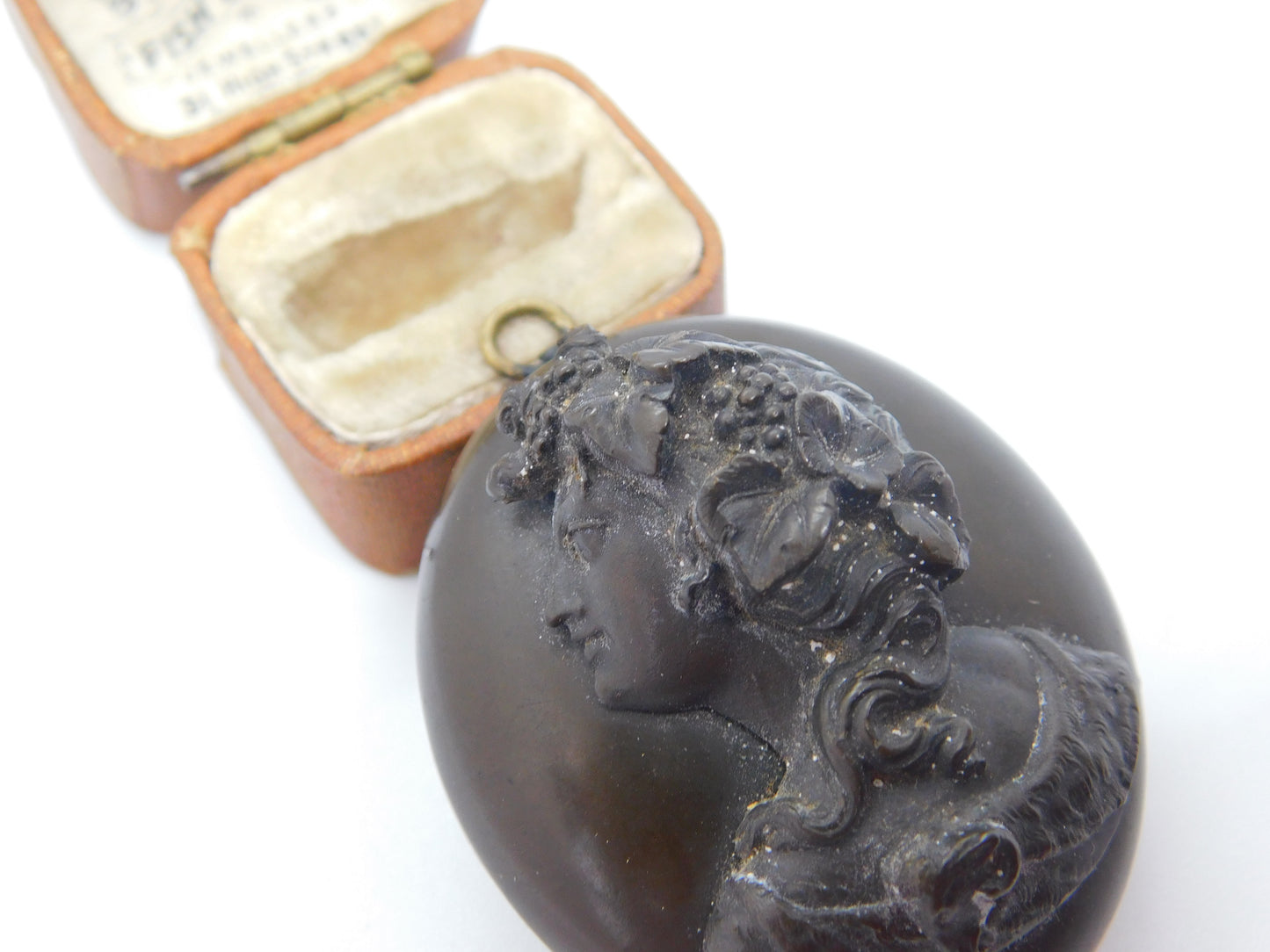 Large Victorian Carved Vulcanite Cameo Mourning Locket Antique c1860