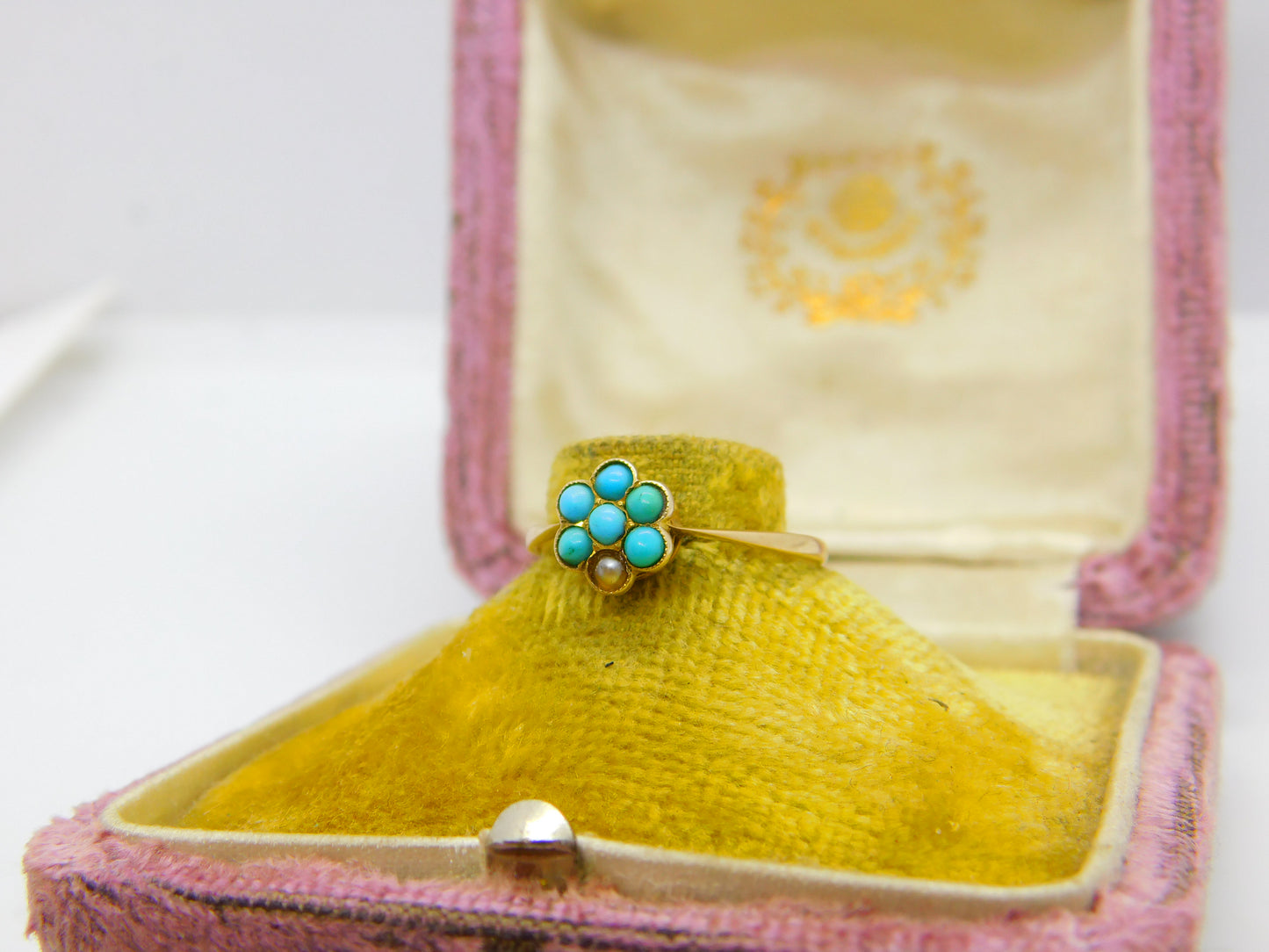 Victorian 9ct Gold, Seed Pearl & Turquoise Floral Cluster Ring c1890 Antique