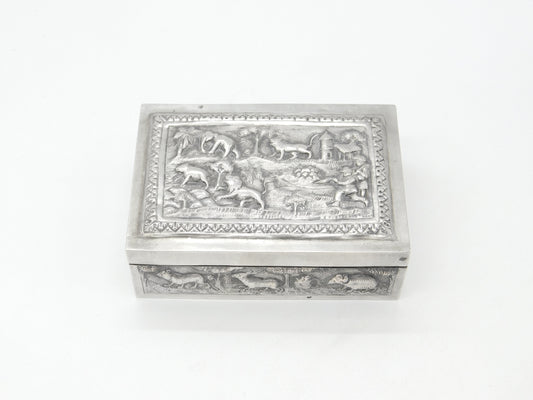 Victorian Indian Large Sterling Silver Box with Hunting Scenes Antique c1880