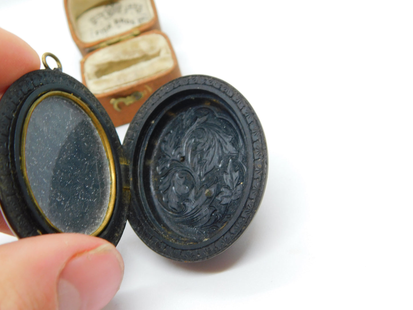 Large Victorian Carved Vulcanite Cameo Mourning Locket Antique c1860