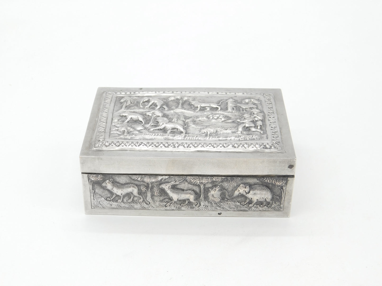 Victorian Indian Large Sterling Silver Box with Hunting Scenes Antique c1880