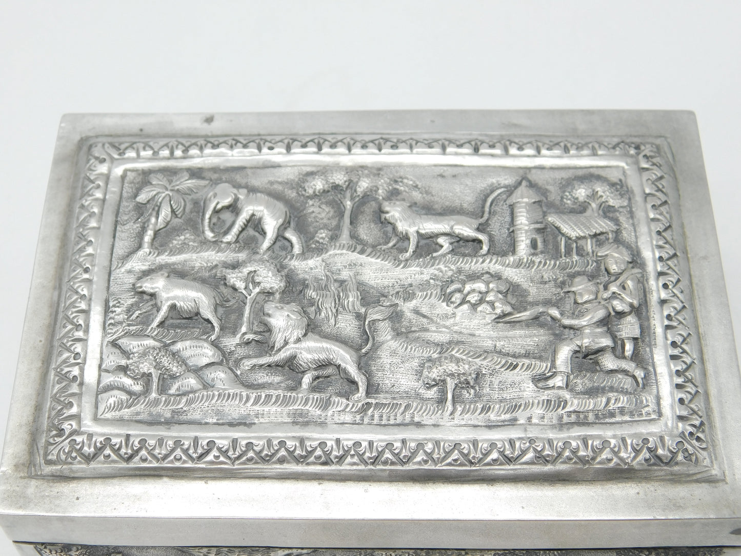 Victorian Indian Large Sterling Silver Box with Hunting Scenes Antique c1880