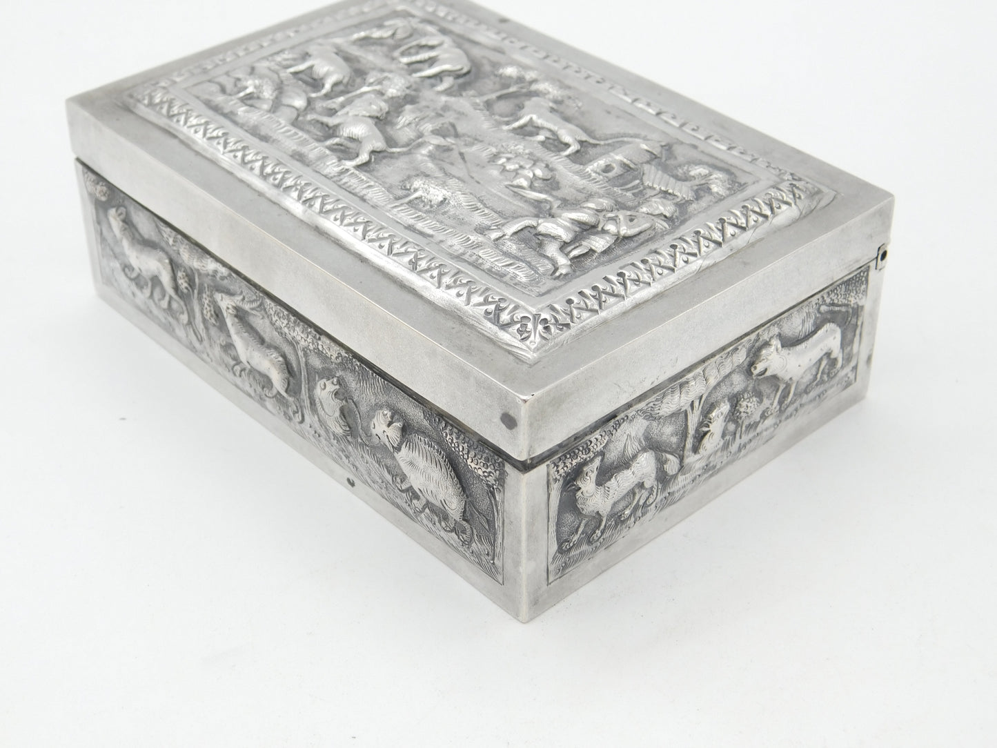 Victorian Indian Large Sterling Silver Box with Hunting Scenes Antique c1880