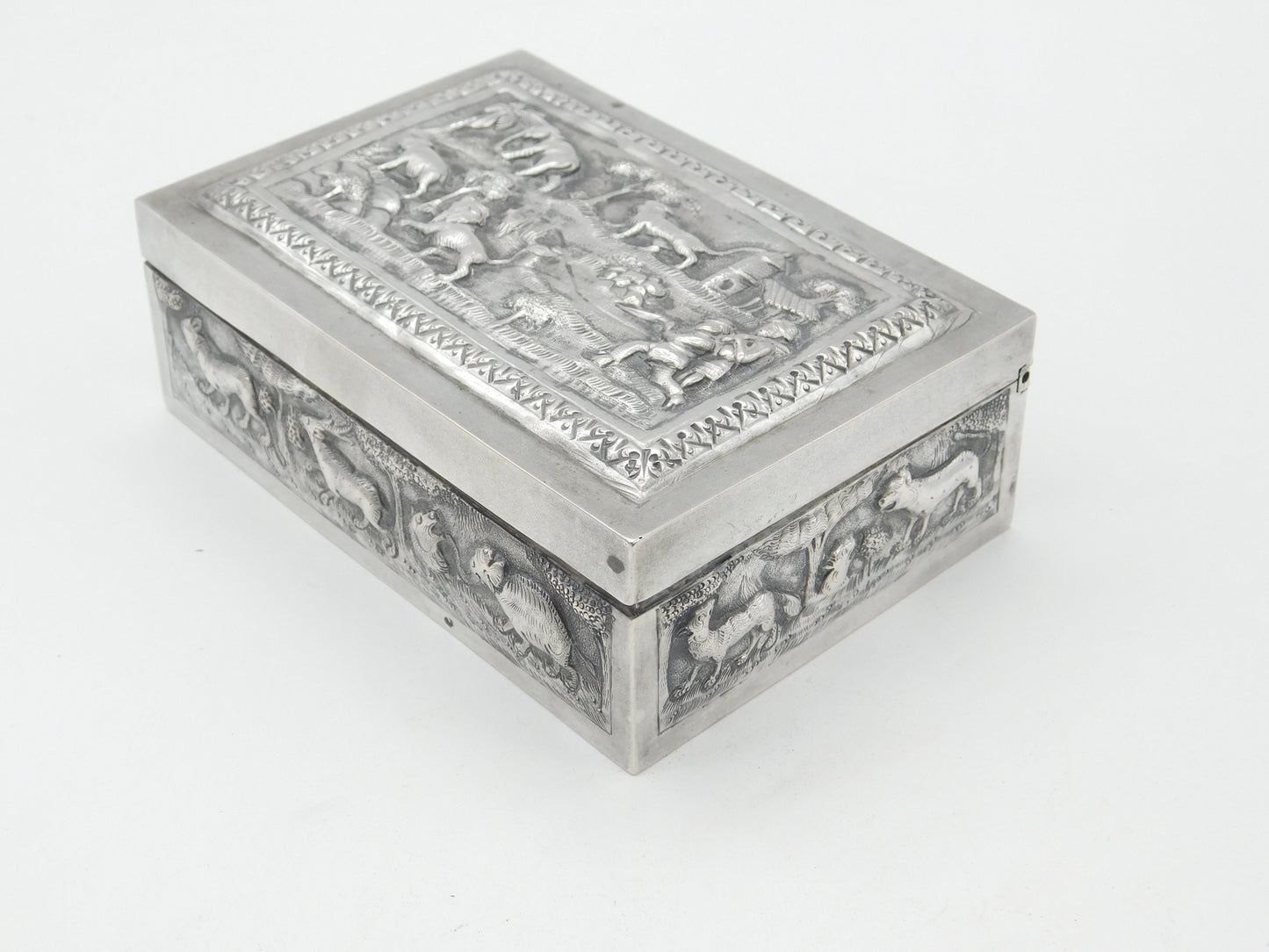 Victorian Indian Large Sterling Silver Box with Hunting Scenes Antique c1880