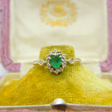 9ct Yellow Gold, Emerald & Diamond Floral Cluster Ring 1990 Birmingham Vintage