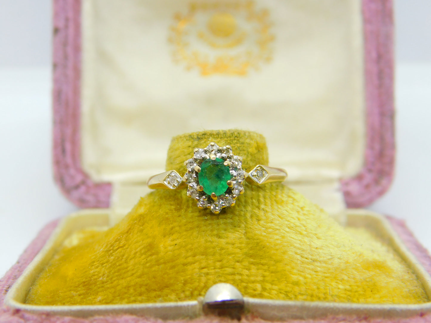 9ct Yellow Gold, Emerald & Diamond Floral Cluster Ring 1990 Birmingham Vintage