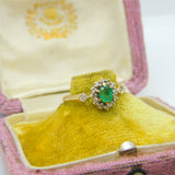 9ct Yellow Gold, Emerald & Diamond Floral Cluster Ring 1990 Birmingham Vintage