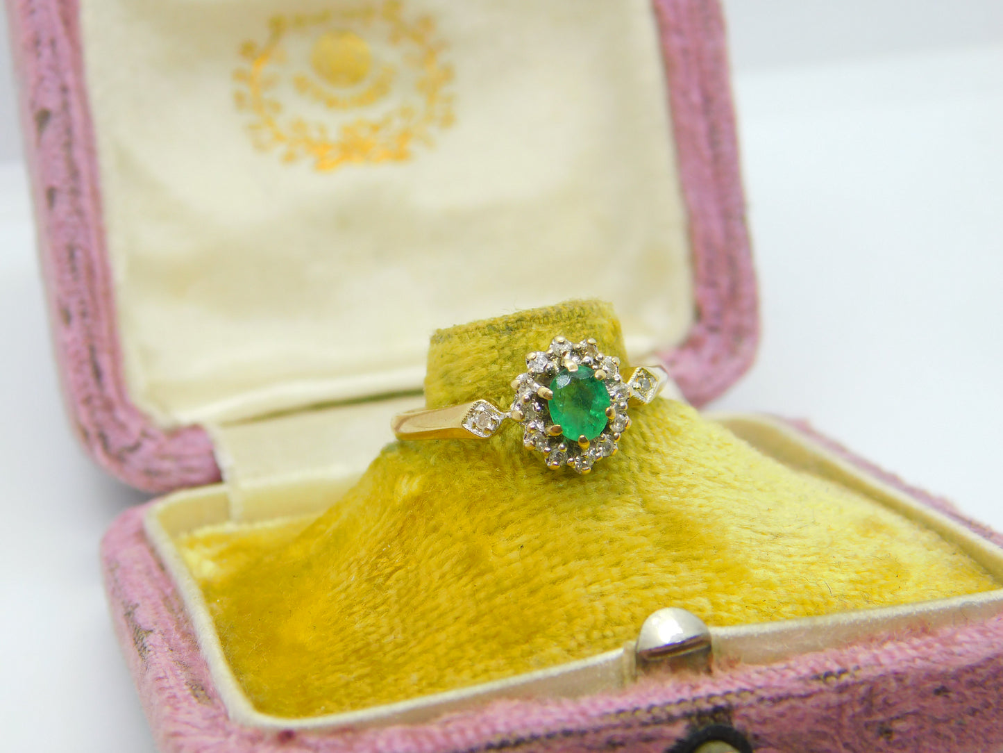 9ct Yellow Gold, Emerald & Diamond Floral Cluster Ring 1990 Birmingham Vintage