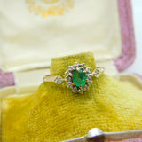 9ct Yellow Gold, Emerald & Diamond Floral Cluster Ring 1990 Birmingham Vintage