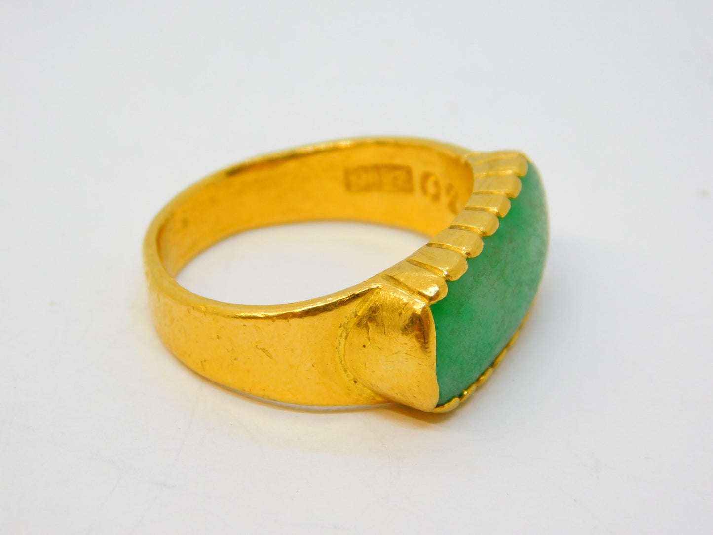 20th Century Chinese 24ct Yellow Gold Green Jade Panel Dress Ring Antique c1920