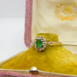 9ct Yellow Gold, Emerald & Diamond Floral Cluster Ring 1990 Birmingham Vintage