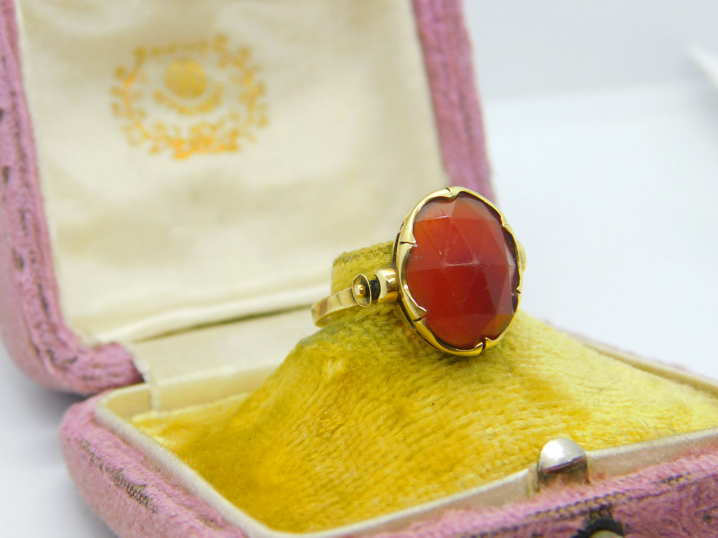 French 18ct Yellow Gold & Faceted Carnelian Signet Ring Antique c1900 Victorian