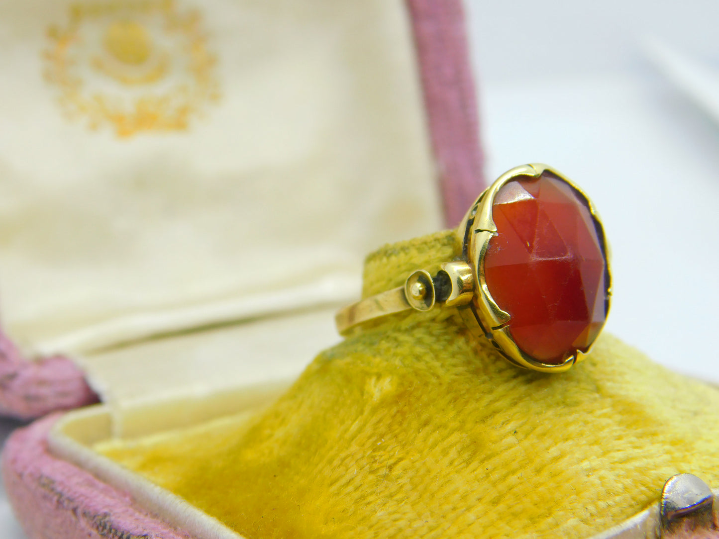 French 18ct Yellow Gold & Faceted Carnelian Signet Ring Antique c1900 Victorian