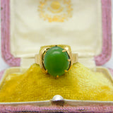 9ct Yellow Gold & Cabochon Green Jade Signet Ring Antique c1940 Art Deco