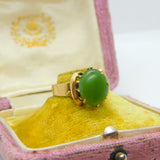 9ct Yellow Gold & Cabochon Green Jade Signet Ring Antique c1940 Art Deco