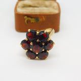 9ct Yellow Gold Bohemian Garnet Set Floral Cluster Ring Vintage 1977 London