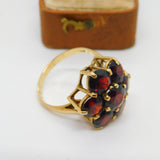 9ct Yellow Gold Bohemian Garnet Set Floral Cluster Ring Vintage 1977 London