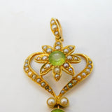 Edwardian 15ct Gold, Peridot, Seed Pearl Suffragette Lavalier Pendant Antique c1910