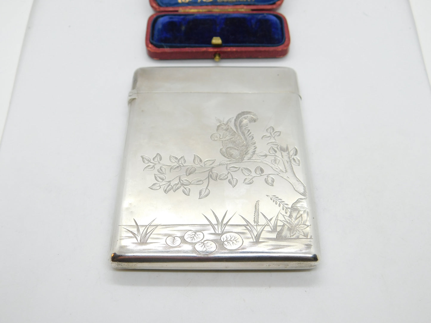 Victorian Aesthetic Movement Sterling Silver Card Case Squirrel & Bird 1882