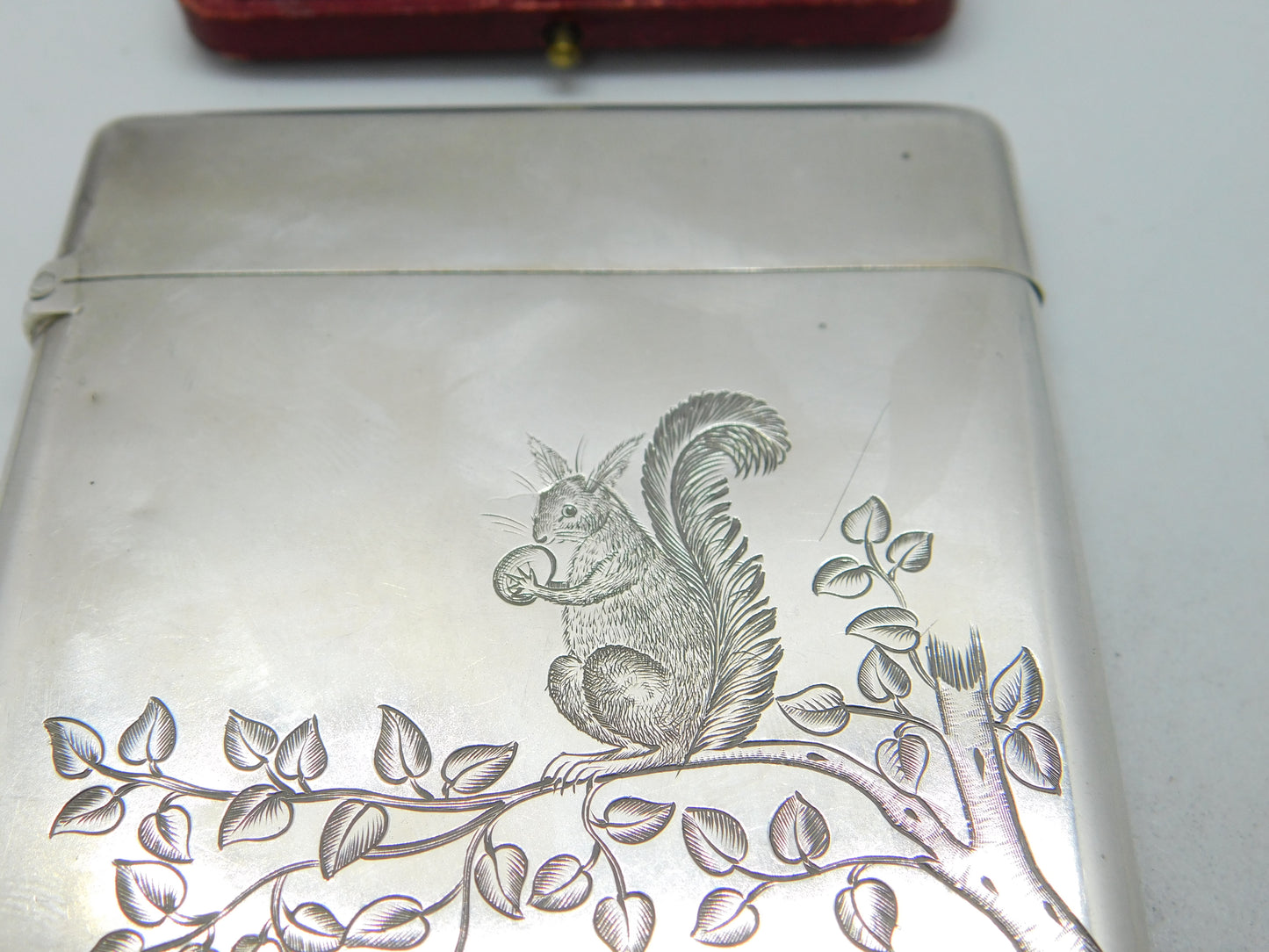 Victorian Aesthetic Movement Sterling Silver Card Case Squirrel & Bird 1882