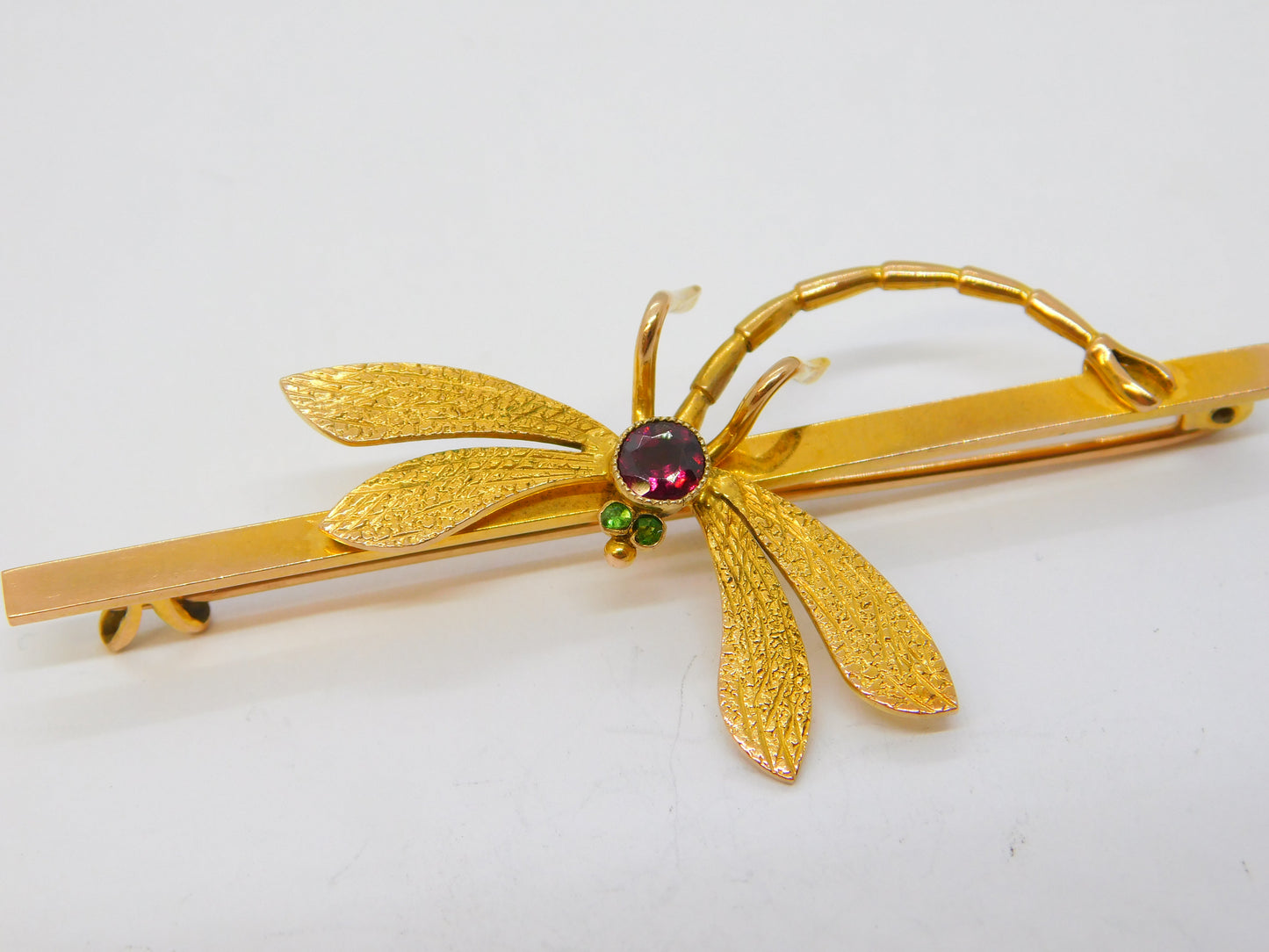 Edwardian 9ct Gold, Garnet & Peridot Dragonfly Suffragette Brooch Antique c1910