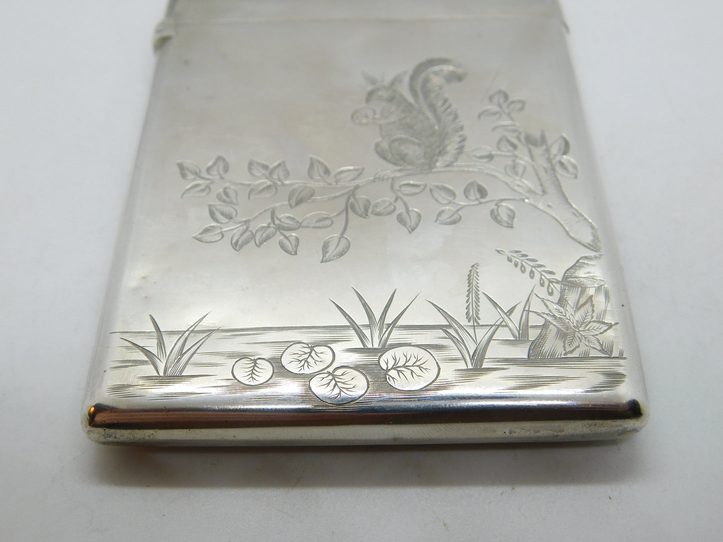 Victorian Aesthetic Movement Sterling Silver Card Case Squirrel & Bird 1882