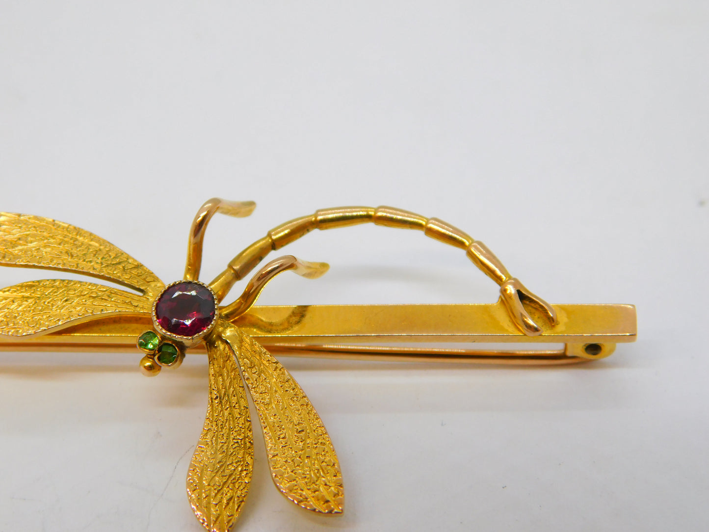Edwardian 9ct Gold, Garnet & Peridot Dragonfly Suffragette Brooch Antique c1910