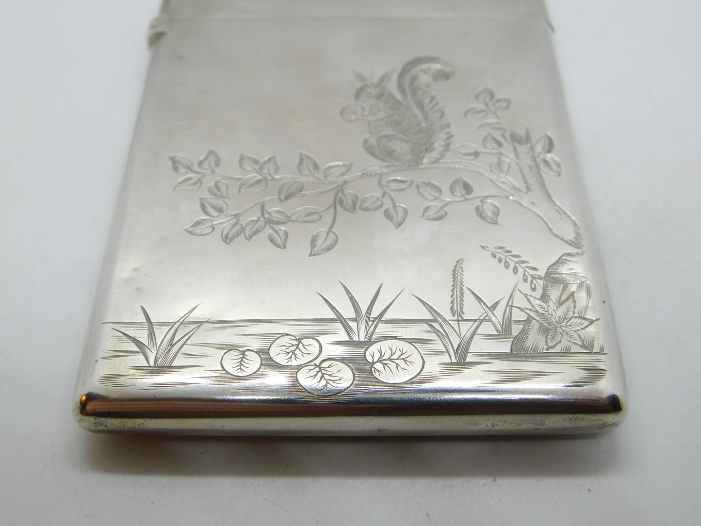 Victorian Aesthetic Movement Sterling Silver Card Case Squirrel & Bird 1882