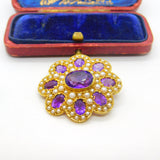 Victorian Revival 9ct Gold, Amethyst & Seed Pearl Floral Brooch 1972 London
