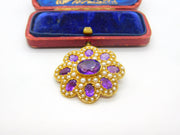 Victorian Revival 9ct Gold, Amethyst & Seed Pearl Floral Brooch 1972 London
