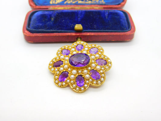 Victorian Revival 9ct Gold, Amethyst & Seed Pearl Floral Brooch 1972 London