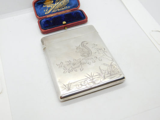 Victorian Aesthetic Movement Sterling Silver Card Case Squirrel & Bird 1882