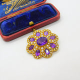 Victorian Revival 9ct Gold, Amethyst & Seed Pearl Floral Brooch 1972 London