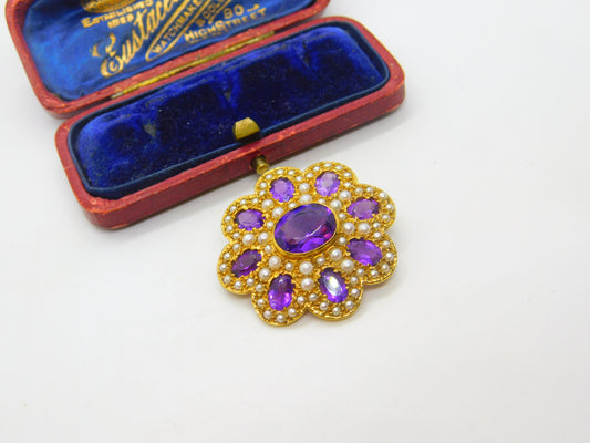 Victorian Revival 9ct Gold, Amethyst & Seed Pearl Floral Brooch 1972 London