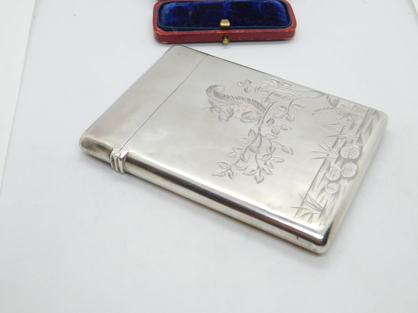 Victorian Aesthetic Movement Sterling Silver Card Case Squirrel & Bird 1882