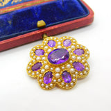 Victorian Revival 9ct Gold, Amethyst & Seed Pearl Floral Brooch 1972 London