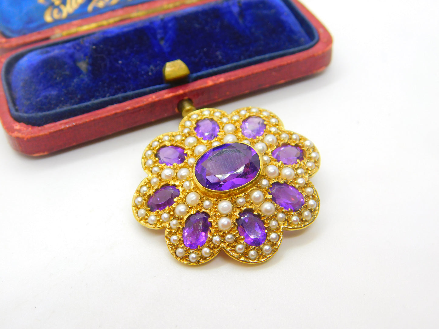 Victorian Revival 9ct Gold, Amethyst & Seed Pearl Floral Brooch 1972 London