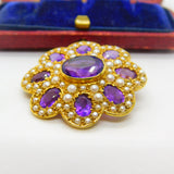 Victorian Revival 9ct Gold, Amethyst & Seed Pearl Floral Brooch 1972 London