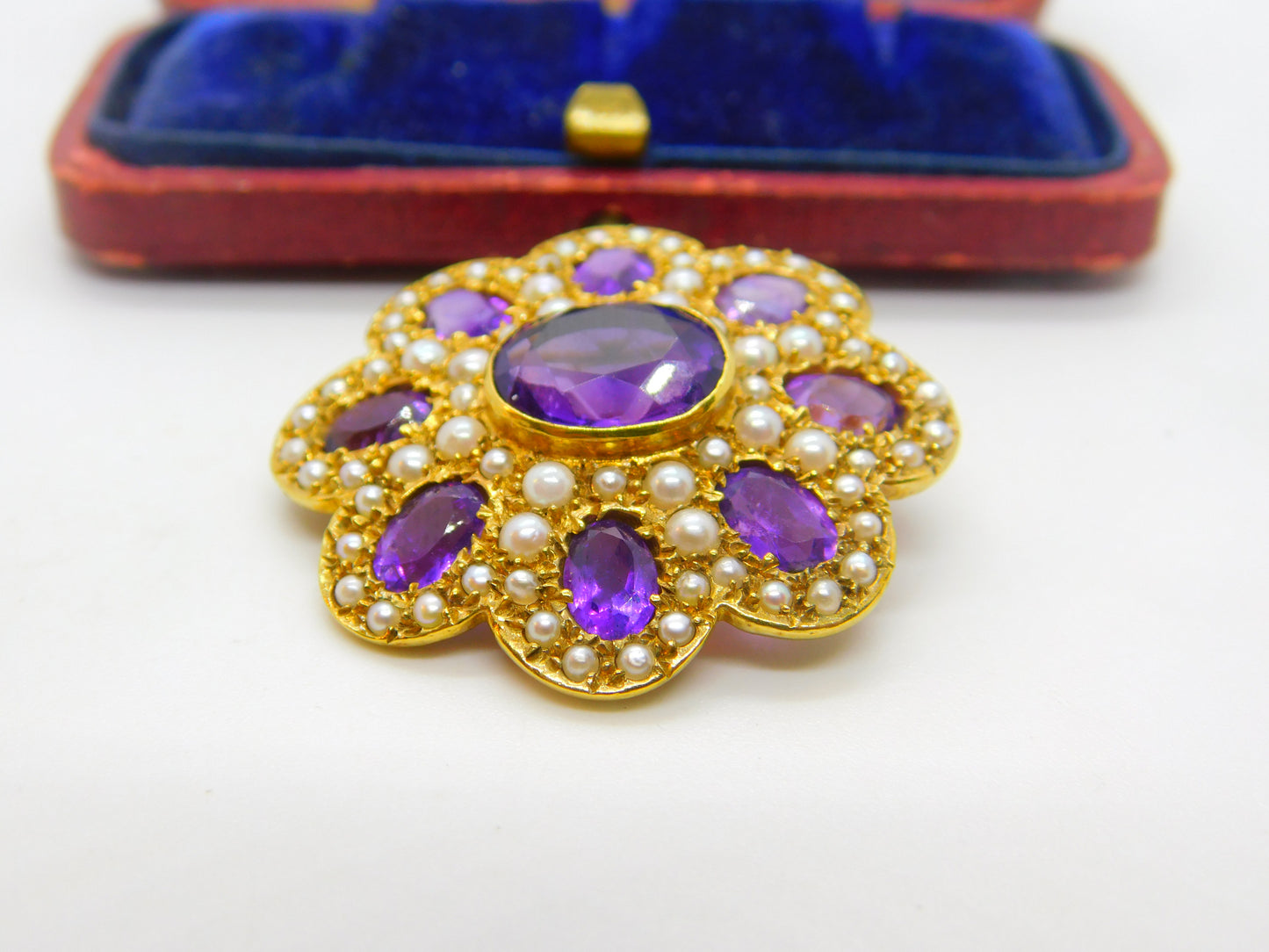 Victorian Revival 9ct Gold, Amethyst & Seed Pearl Floral Brooch 1972 London