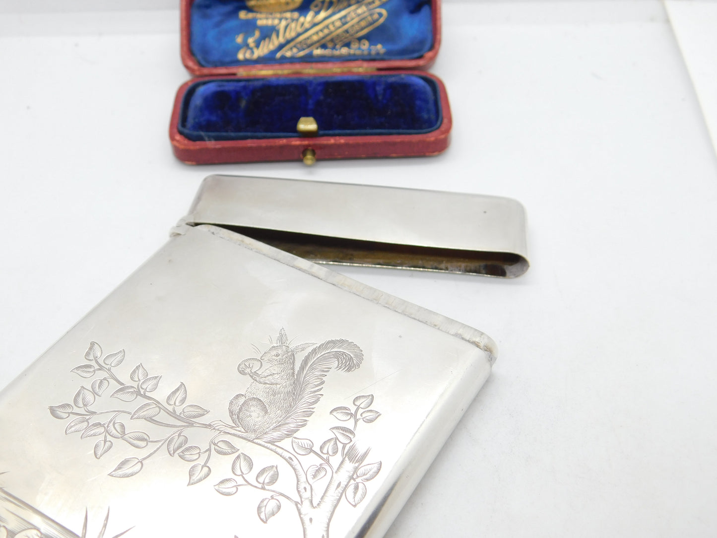 Victorian Aesthetic Movement Sterling Silver Card Case Squirrel & Bird 1882