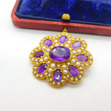 Victorian Revival 9ct Gold, Amethyst & Seed Pearl Floral Brooch 1972 London