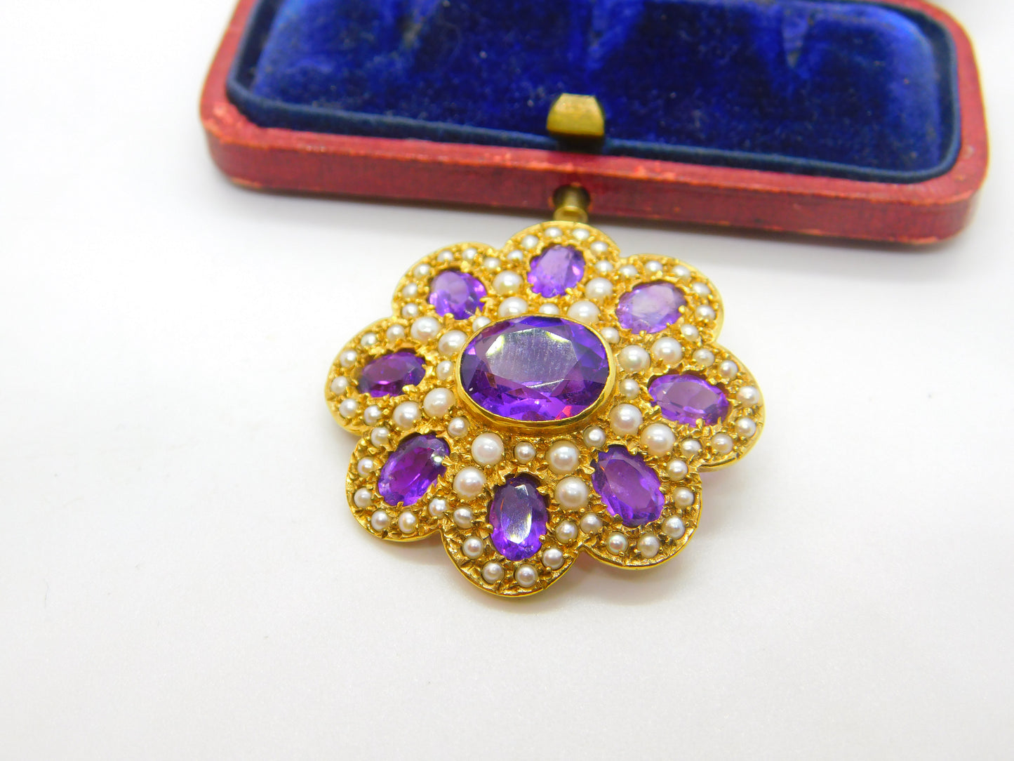 Victorian Revival 9ct Gold, Amethyst & Seed Pearl Floral Brooch 1972 London